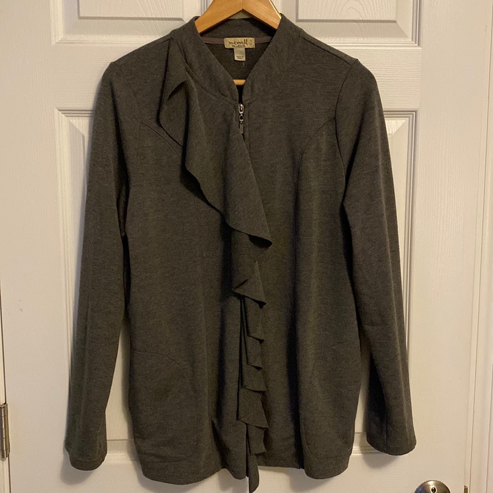 Pretty ruffle design, lightweight jacket. Size Large, Gray. Zipper and pockets.